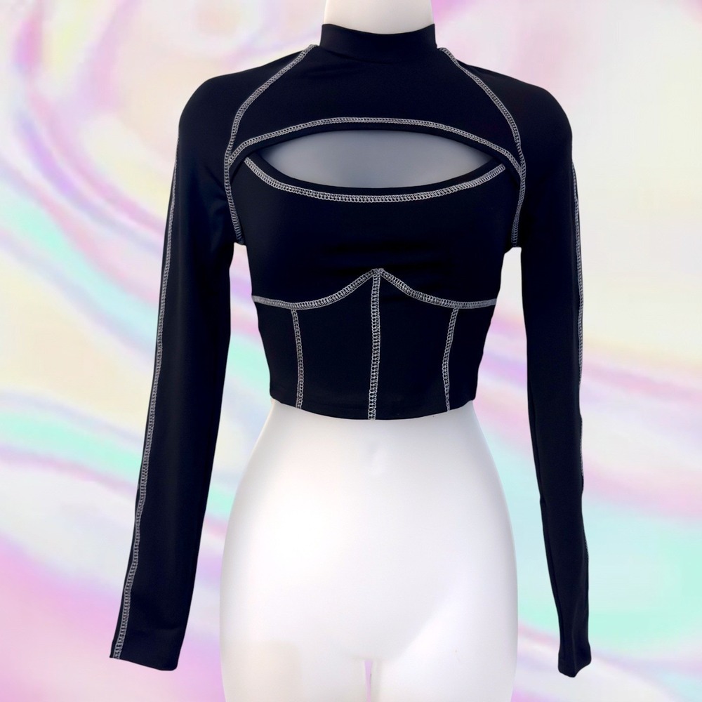 New XS Black Mock Neck Cutout Long Sleeve Crop Top Contrast Stitching Y2k